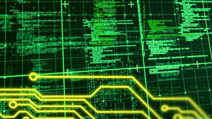 Animation of data processing and computer circuit board over grid