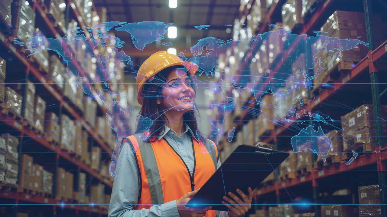 Woman managing global logistics and supply chain in a warehouse