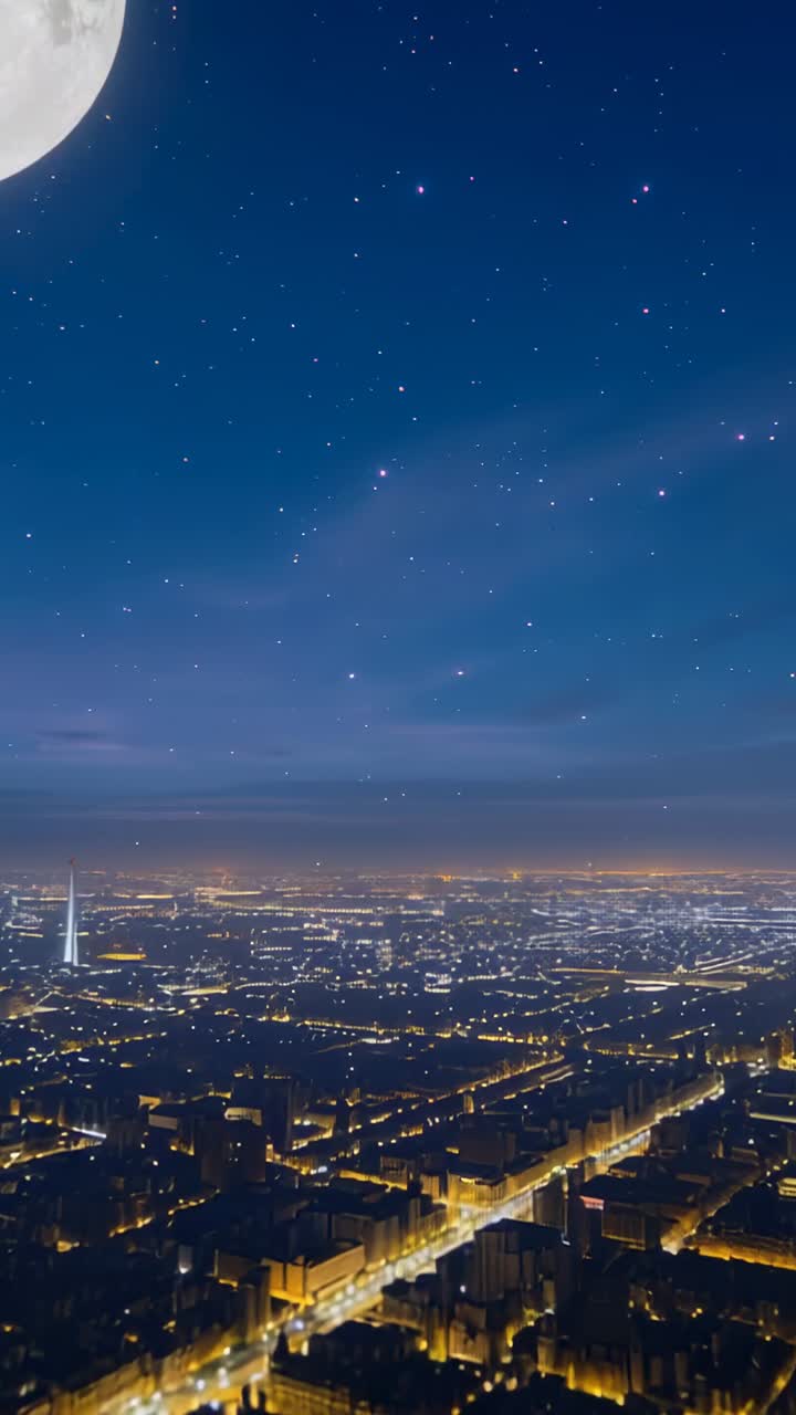Vertical video: Time-lapse showing skyline shifting to night from rooftop view, with sun and moon
