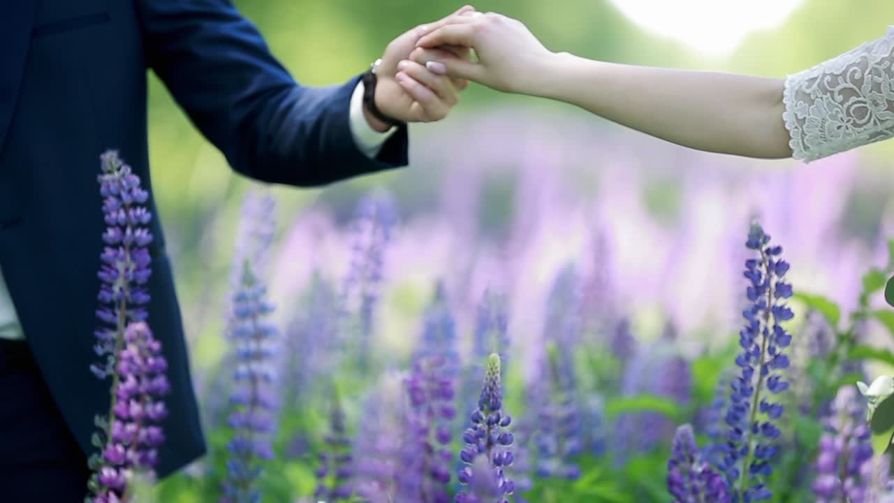 Couple Standing In A Field Of Lupine. Happy wedding couple walking on the lupine field