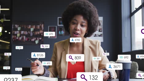 animation of social media data processing over biracial businesswoman on video call