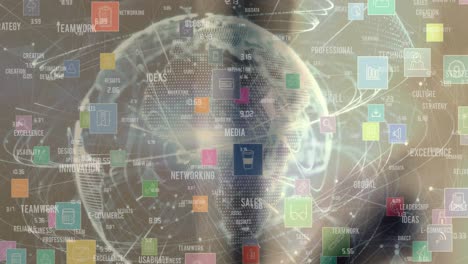 red de iconos digitales y textos de conceptos empresariales contra un globo sobre fondo negro