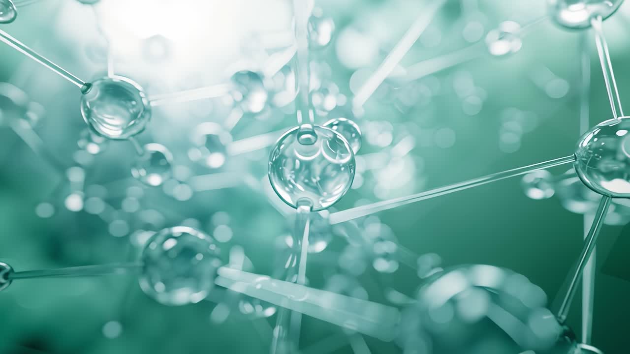 Glass molecules structure rotating in green background