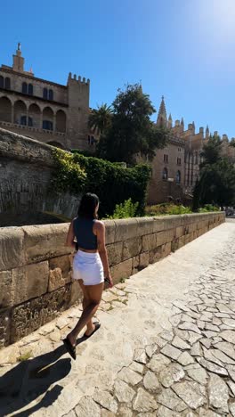 woman walking along a cobblestone path in front of a historic european palace