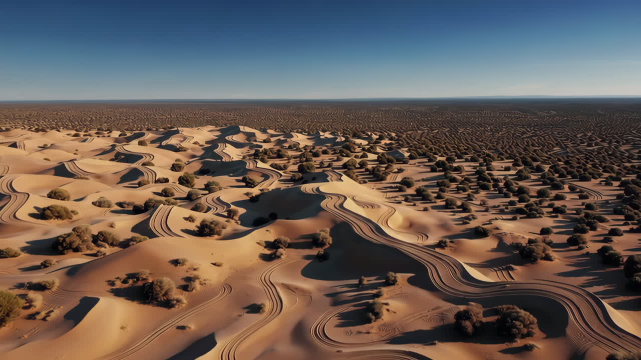 Aerial View of Sand Dunes with Vehicle Tracks in a Vast Desert Landscape