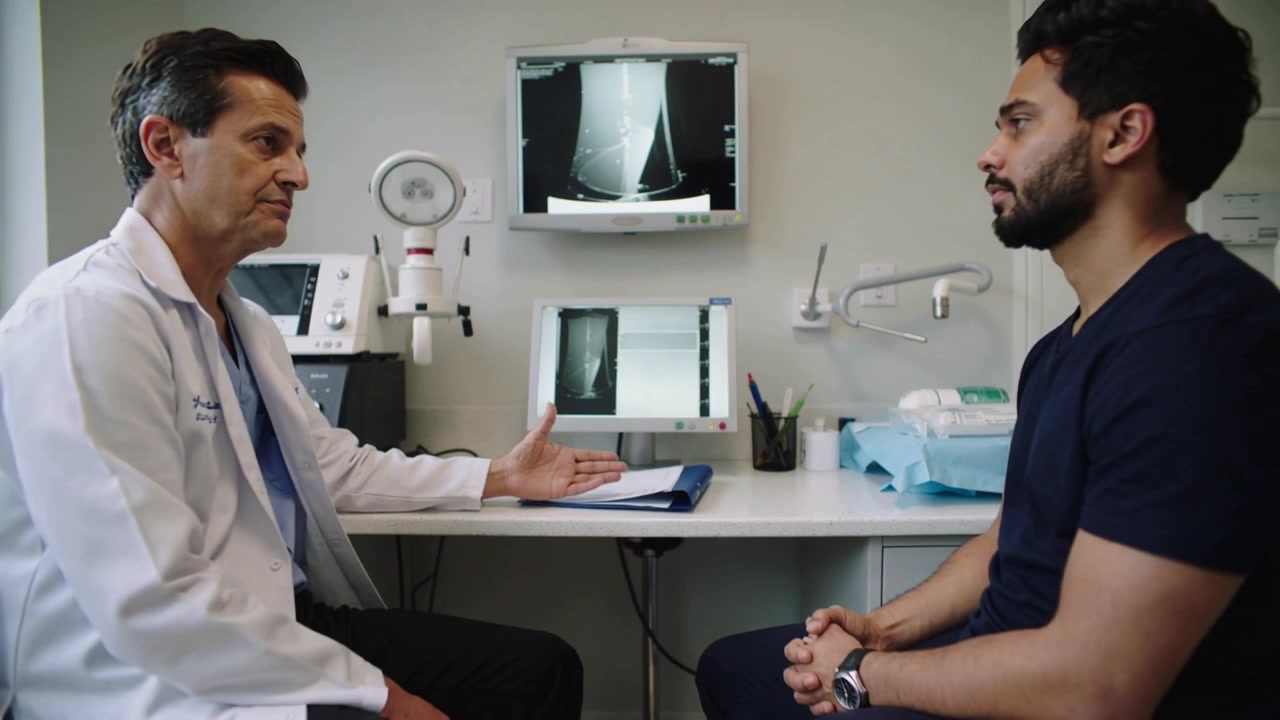 Clinico in camice che spiega i referti radiografici in ambulatorio, con la mano che indica, mentre il paziente ascolta.