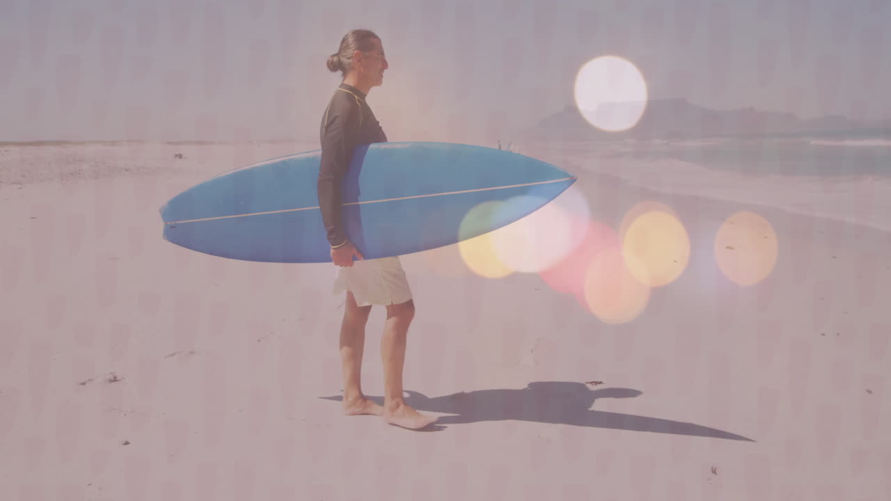 Male surfer walking on beach, featuring animated heart icon and health graph for marketers