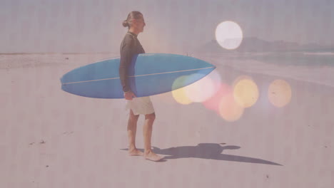 male surfer walking on beach, featuring animated heart icon and health graph for marketers