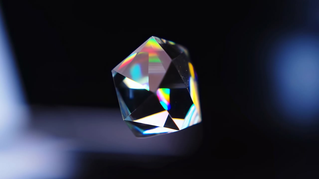 Closeup Crystal Prism Refracting Rainbow Light In Dark Studio, Cinematic Macro Shot Showing Sharp Facets
