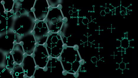 estructuras moleculares y fórmulas químicas, animación de investigación científica sobre un fondo negro