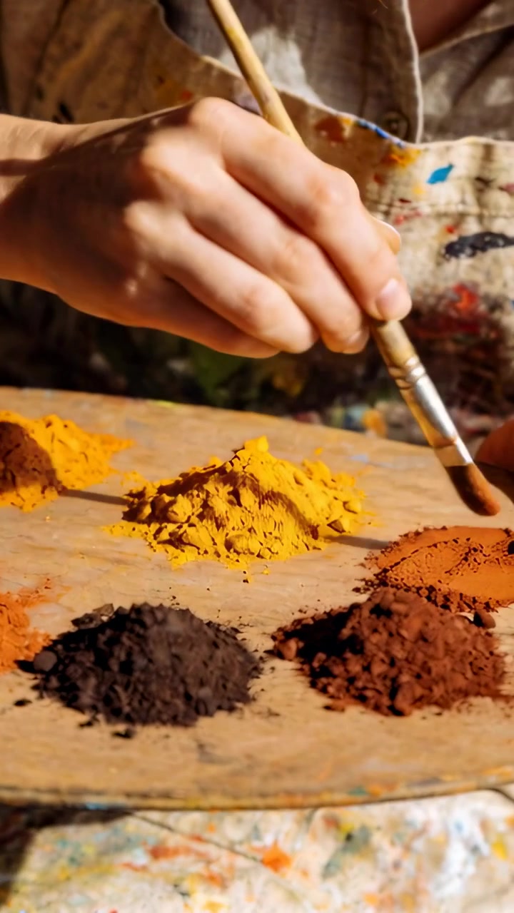 Vertical video: Lowering brush dominant hand mixing pigment on palette for painting, wearing apron