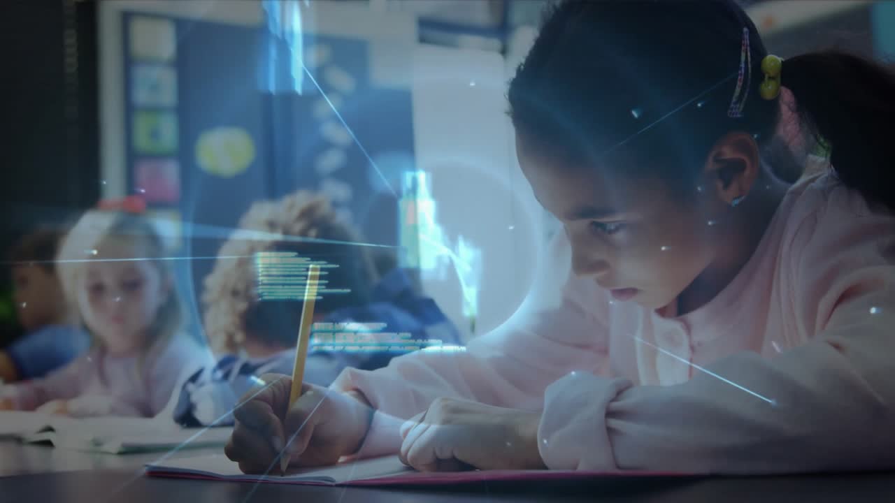 Girl writing in classroom initiating network code connecting nodes around pencil, forming hologram