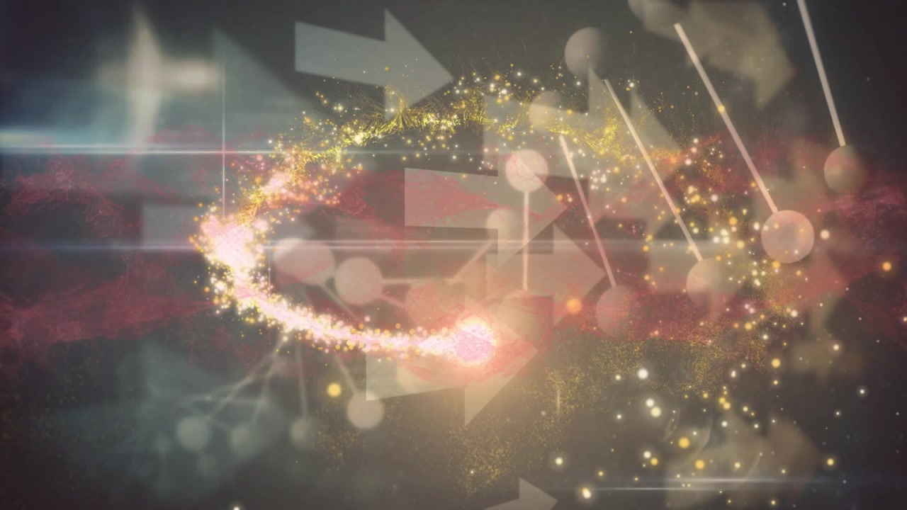 Animation of flying lens flare, moving arrows, database and dna helix over abstract pattern