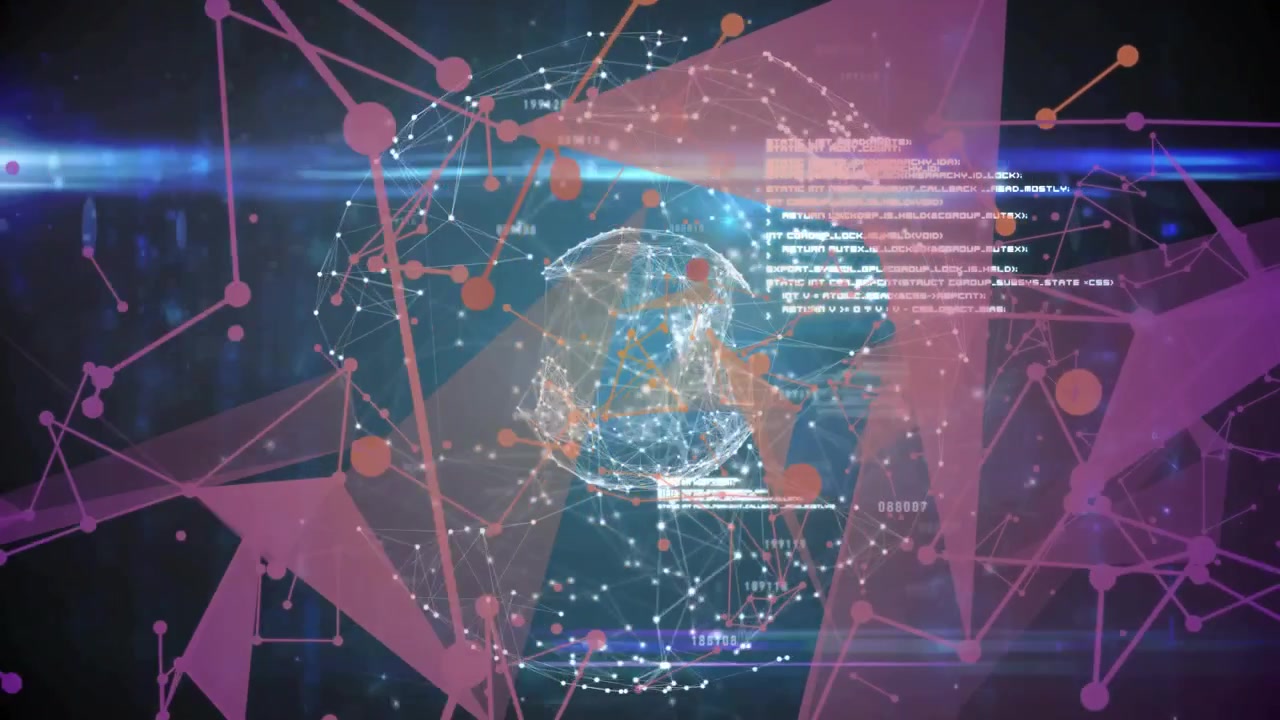 Animation of network of connections over globe and data processing on black background