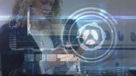 Animation of data processing over caucasian businesswoman using smartphone