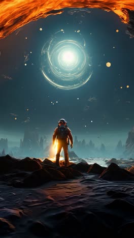 astronaut exploring a mysterious portal on an alien planet at twilight