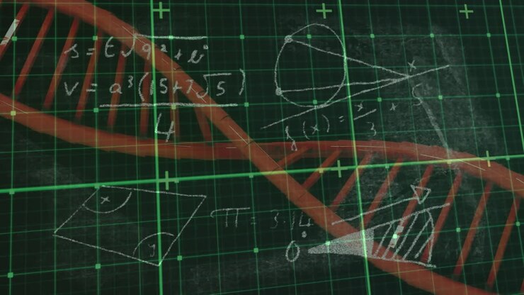 Animazione di equazioni con un filamento di DNA rosso in rotazione su una griglia verde.