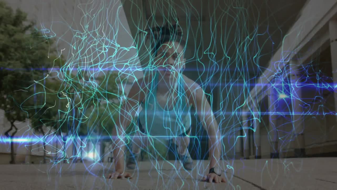 animación de la red de conexiones sobre mujeres que hacen ejercicio al aire libre