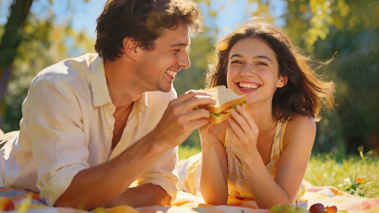 Homem inclinado compartilhando sanduíche com mulher de vestido de verão amarelo em um cobertor estampado com frutas no parque.
