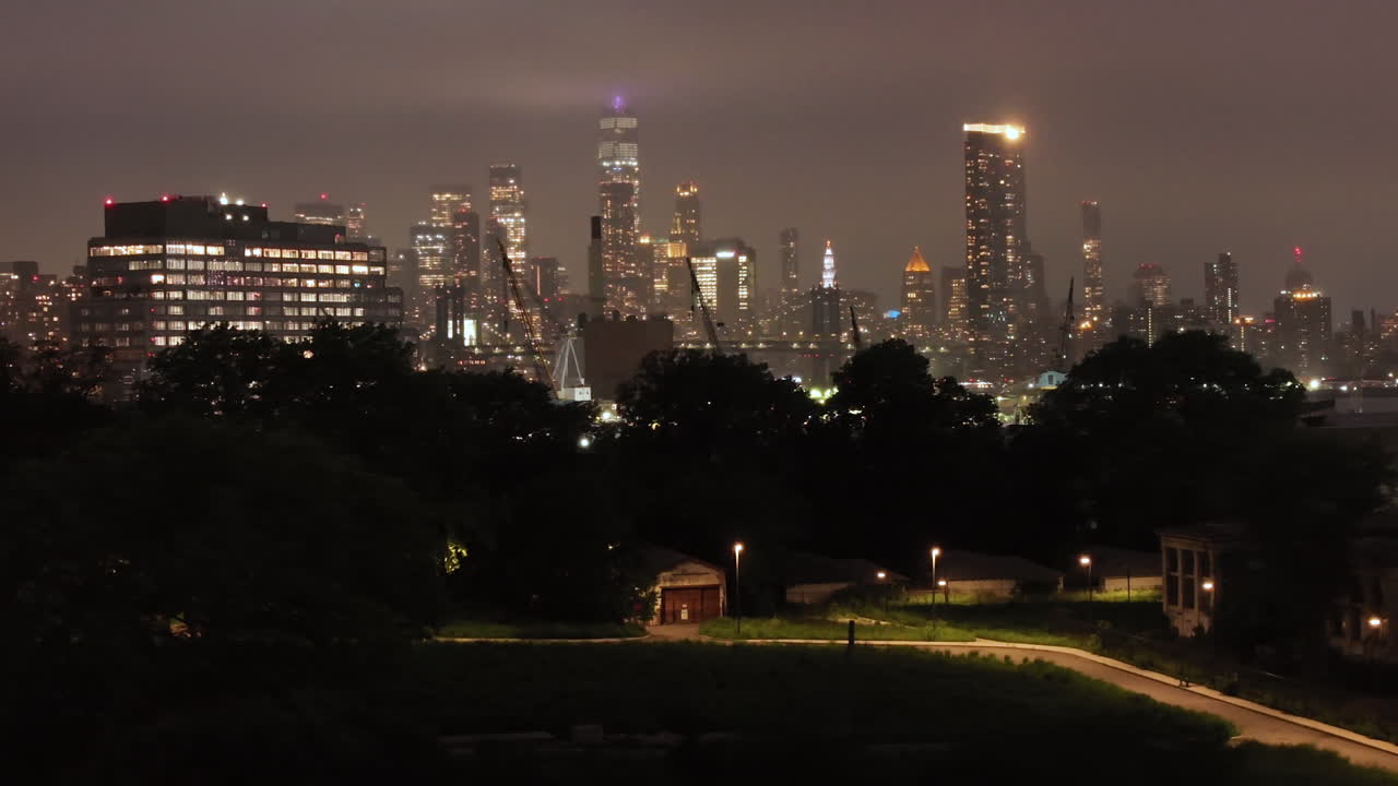 Aerial view of Lower Manhattan on a rainy night