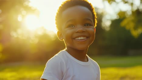 a joyful child smiles in a sunlit park, captured from a low angle