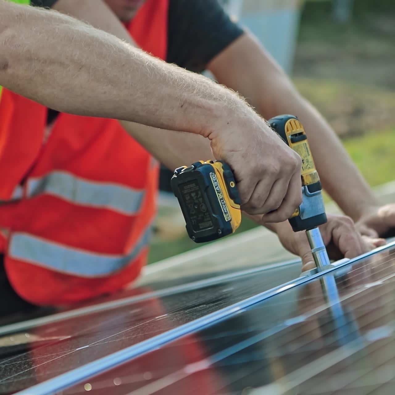 Working on repair solar panel