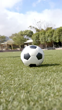 vertical video: soccer ball resting on green field under clear sky, ready for play