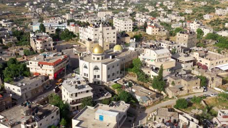 aerial view of a densely populated middle eastern town with a prominent mosque