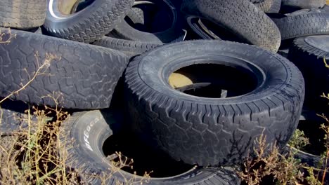 A-pile-of-old-used-tires-sits-among-weeds