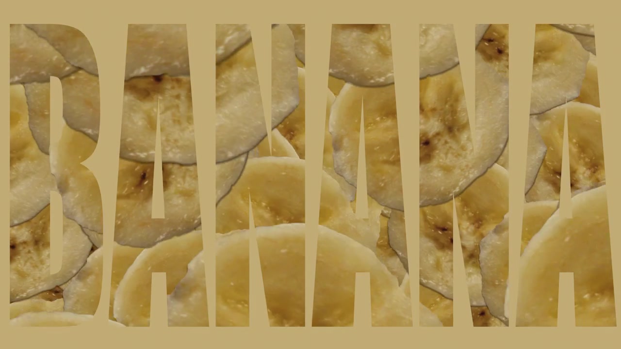 Banana headline made up of pieces of sliced banana on a yellow background