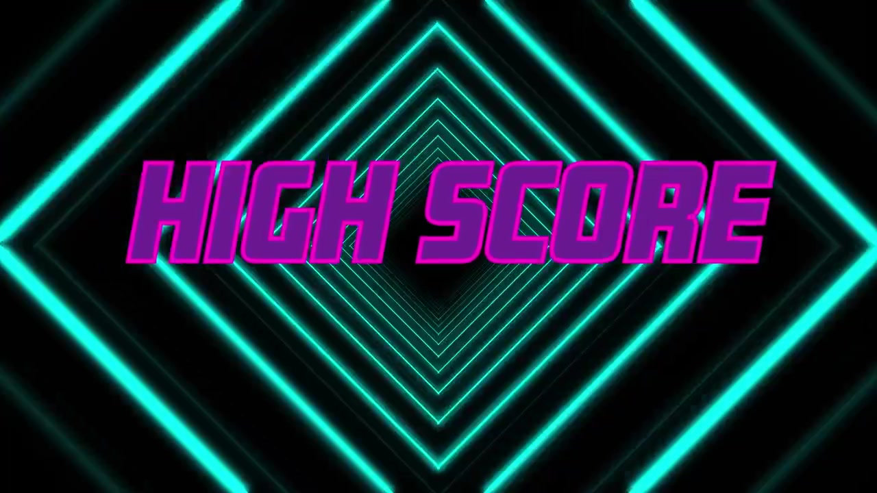 Animation of high score text over neon shapes on black background