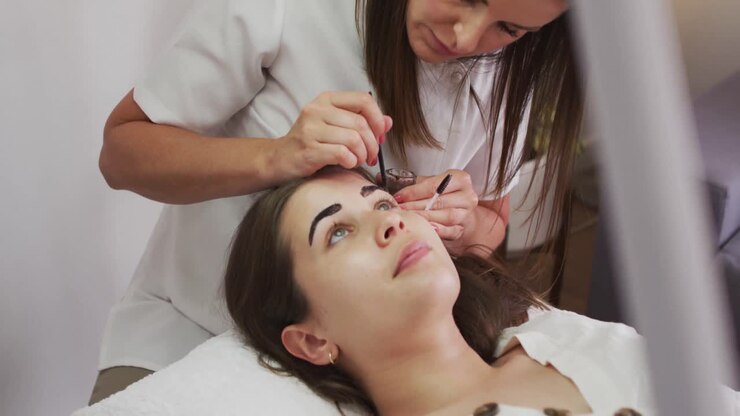 Caucasian woman lying down having her eyebrows dyed