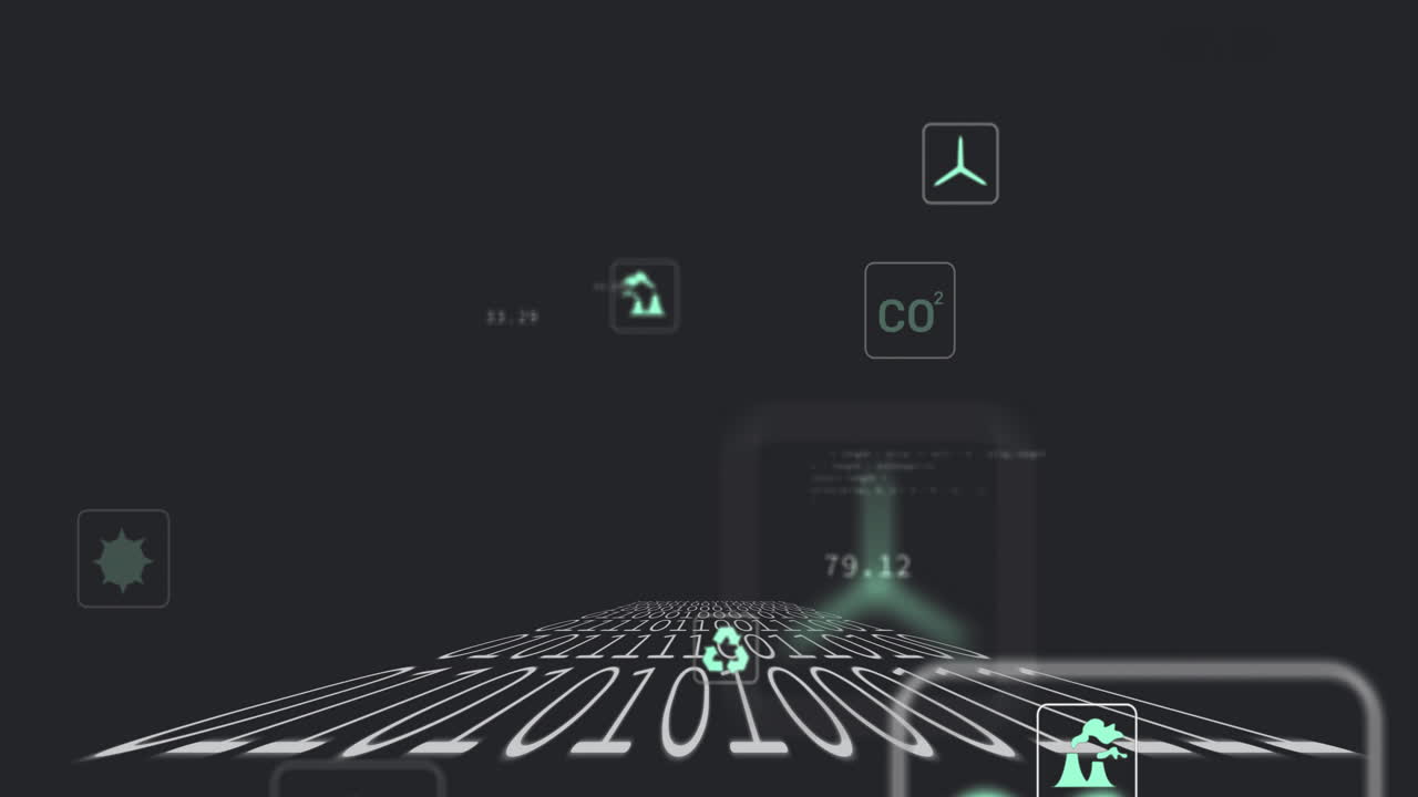 Animation of binary code and digital icons illustrating data processing technology