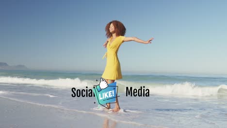 Animation-of-social-media-and-like-icon-over-happy-african-american-woman-having-fun-on-beach