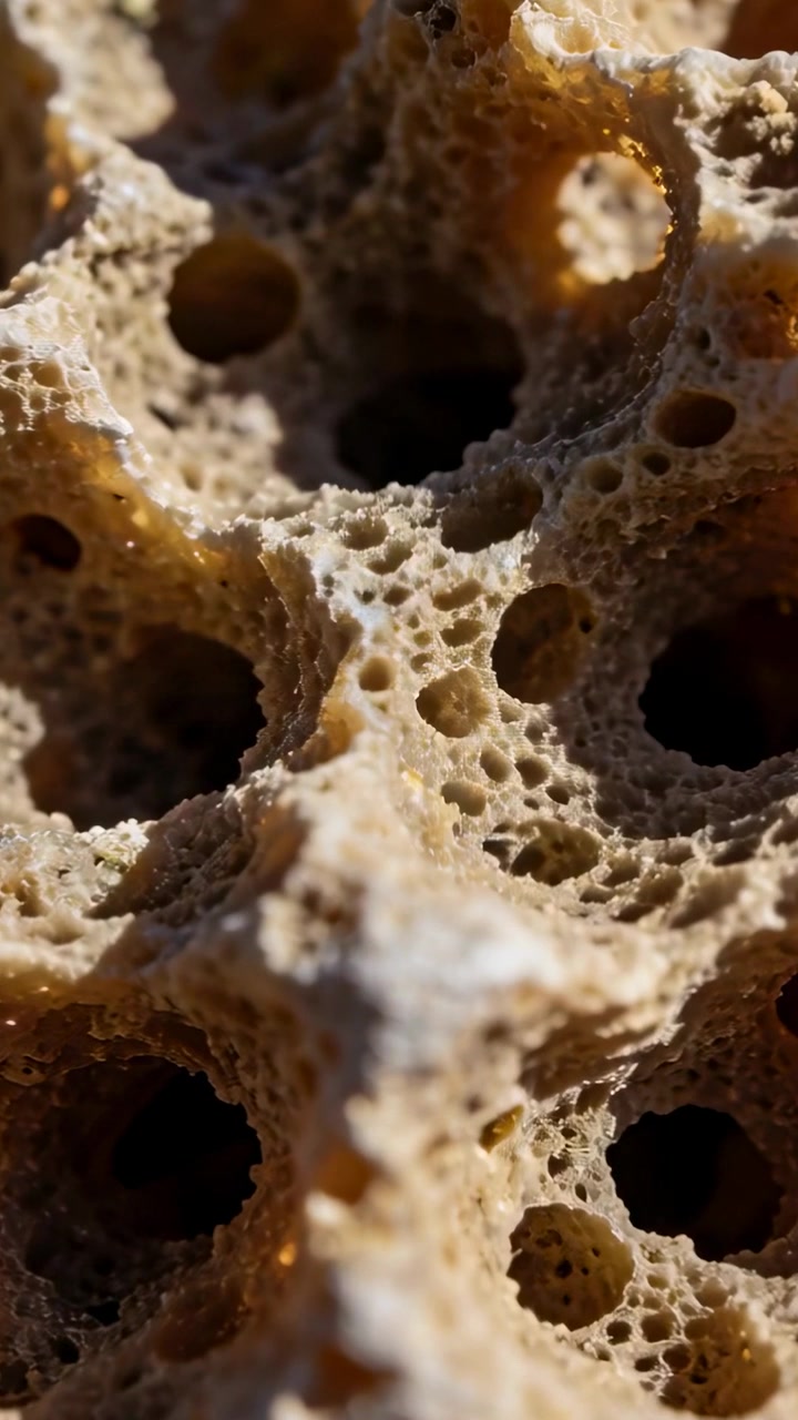 Vertical video: Shifting camera revealing porous beige rock under sunlight to show mineral flecks