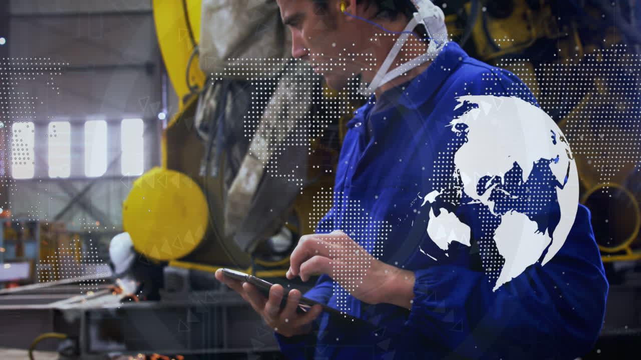 Animation of world map over caucasian male worker using tablet