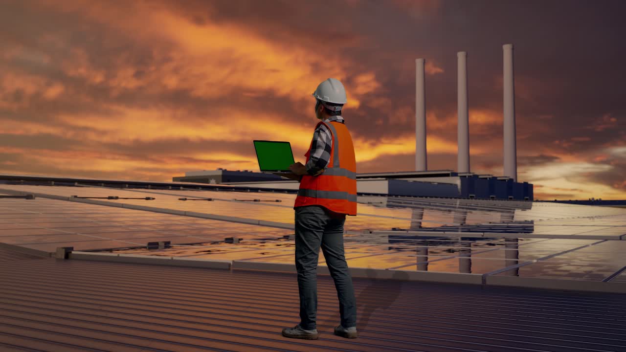 Insinyur pria Asia dengan helm keselamatan, terlihat dari belakang seluruh badan, bekerja di laptop layar hijau dan melihat sekeliling sambil berdiri, memeriksa panel surya di atap saat matahari terbenam.