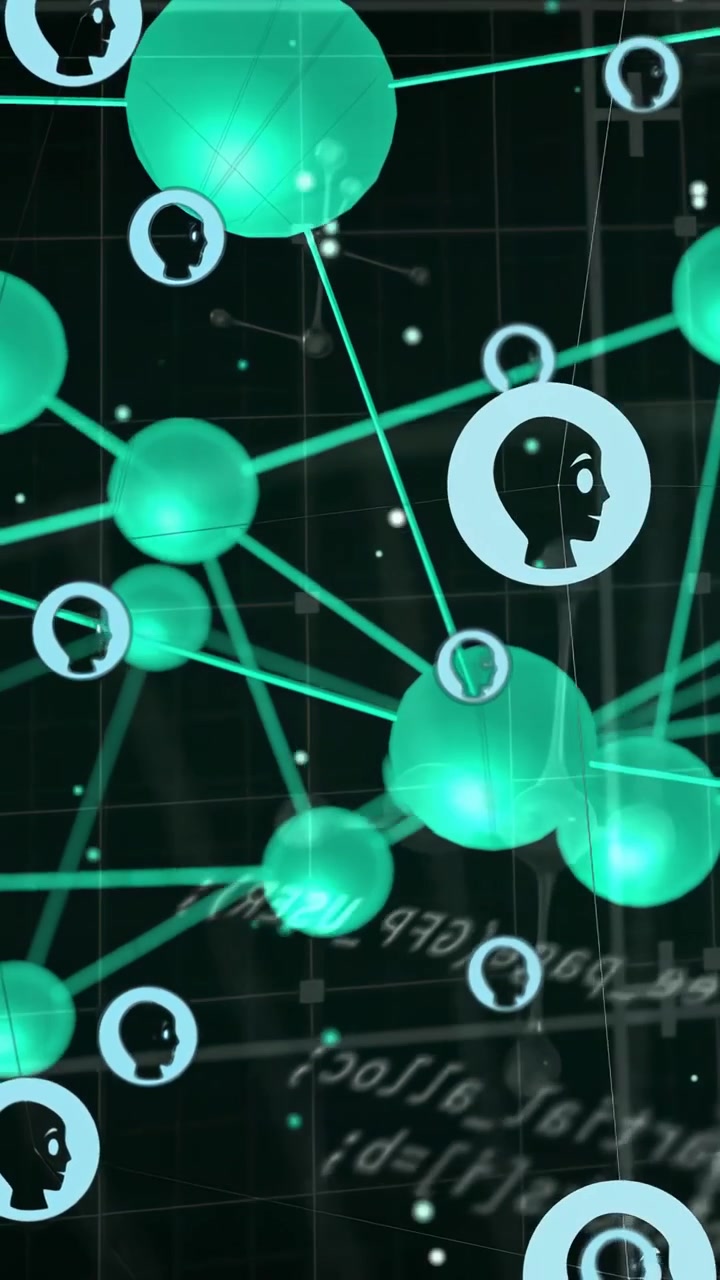 Video verticale: Telecamera che si muove su una rete di nodi 3D verde con profili ad anello, mostrando la connettività.