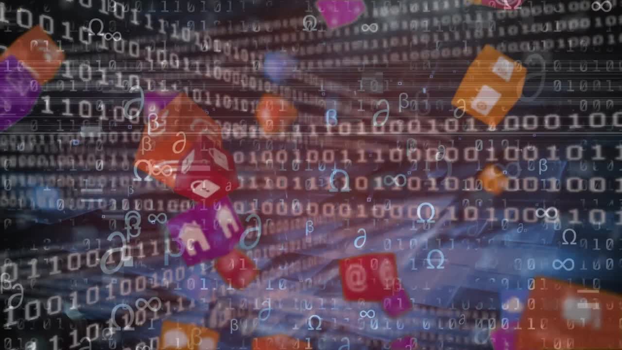 Animation of data processing and media icons on black background