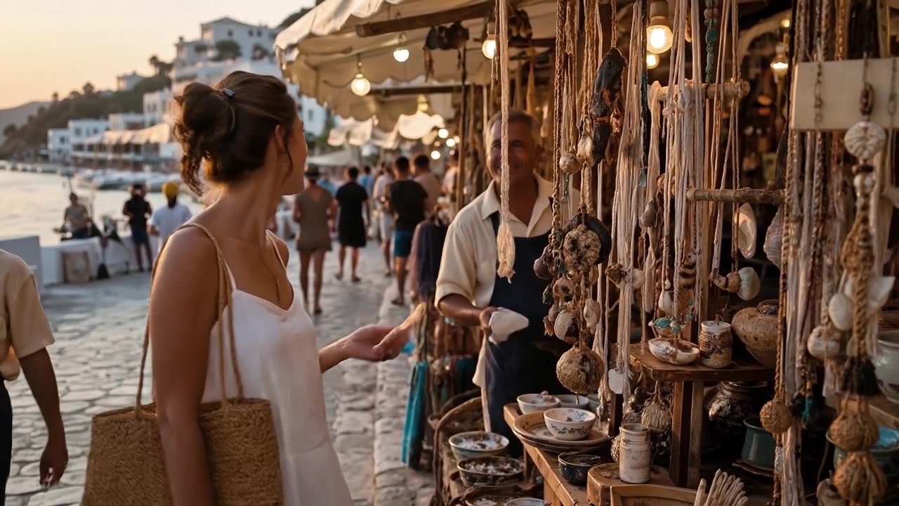 Giovane donna in abito bianco che sfoglia souvenir fatti a mano in un mercato di strada costiero al tramonto.