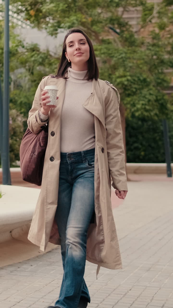 Giovane donna che cammina con una tazza di caffè in un parco urbano