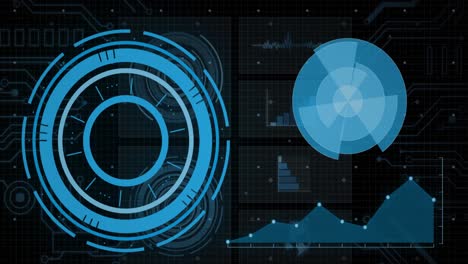 Animation-of-circles,-graphs,-circuit-board-pattern-against-black-background