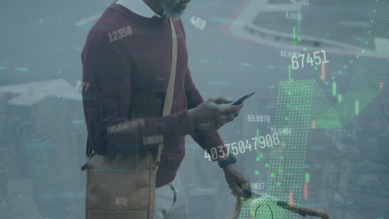 animazione dell'elaborazione dei dati su un uomo afroamericano che usa uno smartphone