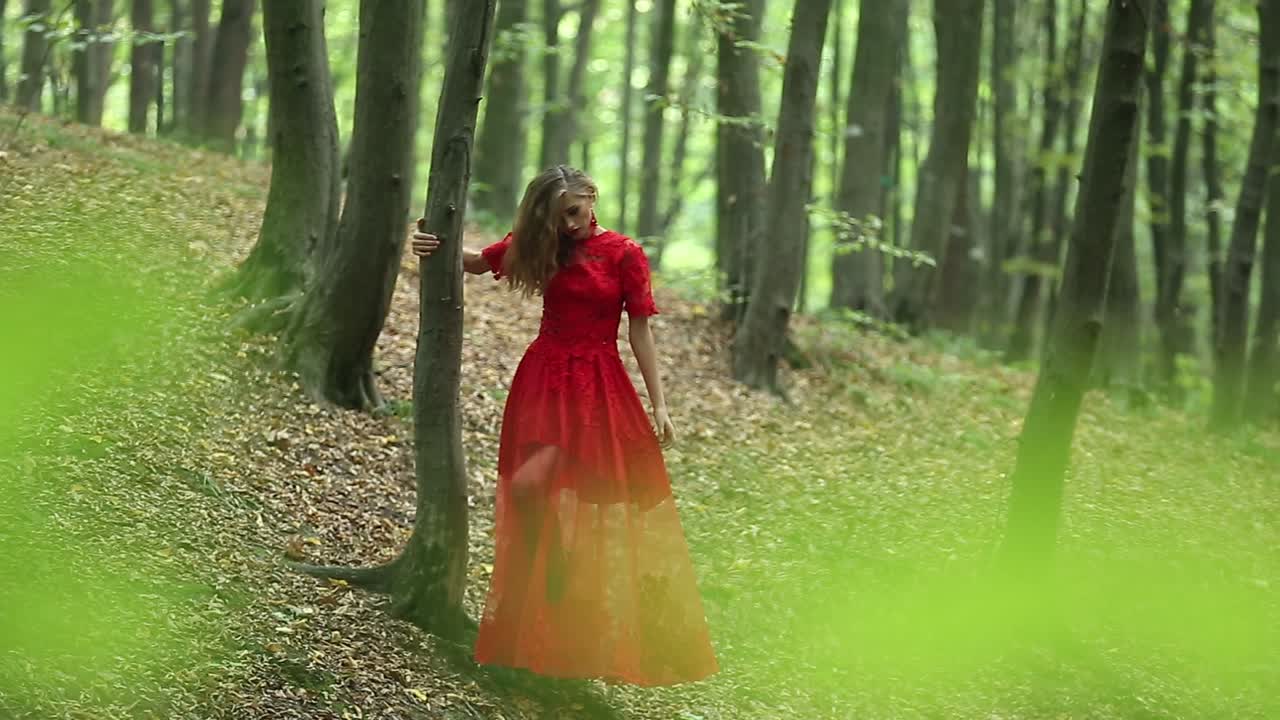 Bella Donna Esplora Una Splendida Foresta. Bella donna in un lungo vestito rosso esplora una splendida foresta