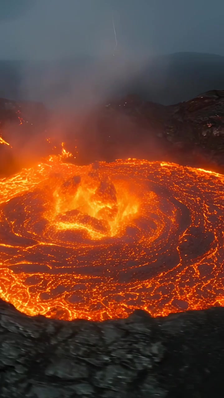 Vertical video: Churning lava lake sending jets from center at rim, lightning sparking flashes