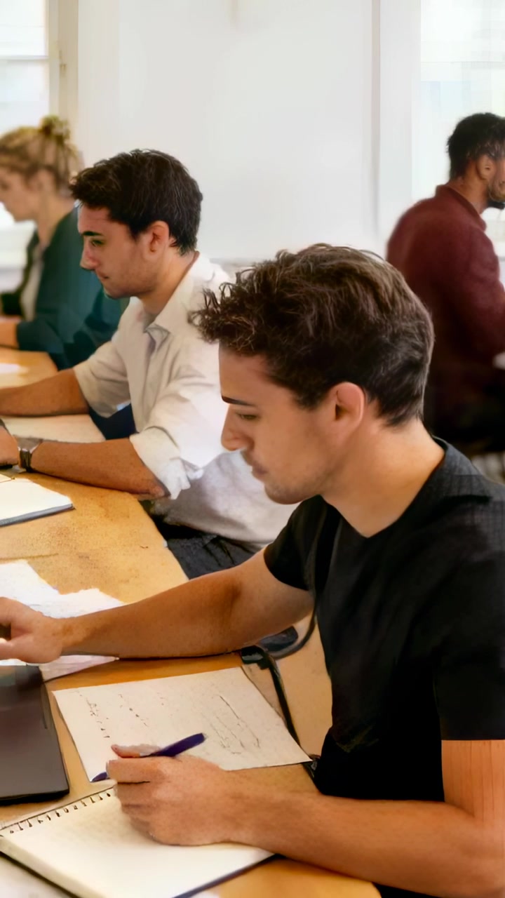 Video verticale: Inizio sessione, uomo in maglietta nera che prende appunti alla scrivania con laptop e quaderno a spirale.