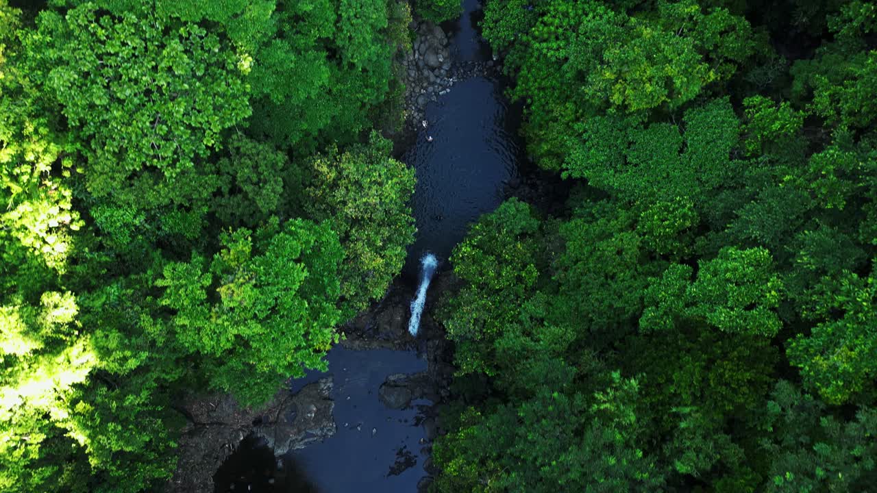 Stunning drone shot of lush trees framing a flowing river, with golden sunlight peeking through at the end capturing the serene beauty of nature in its purest at Balagbag Falls, Real, Quezon