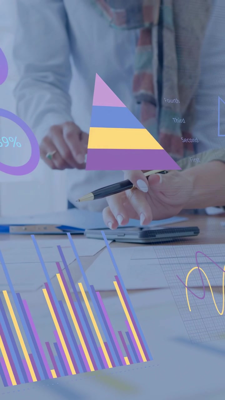 Vertical video: Lead pointing as analyst pen tapping phone, causing biz charts over docs for KPIs