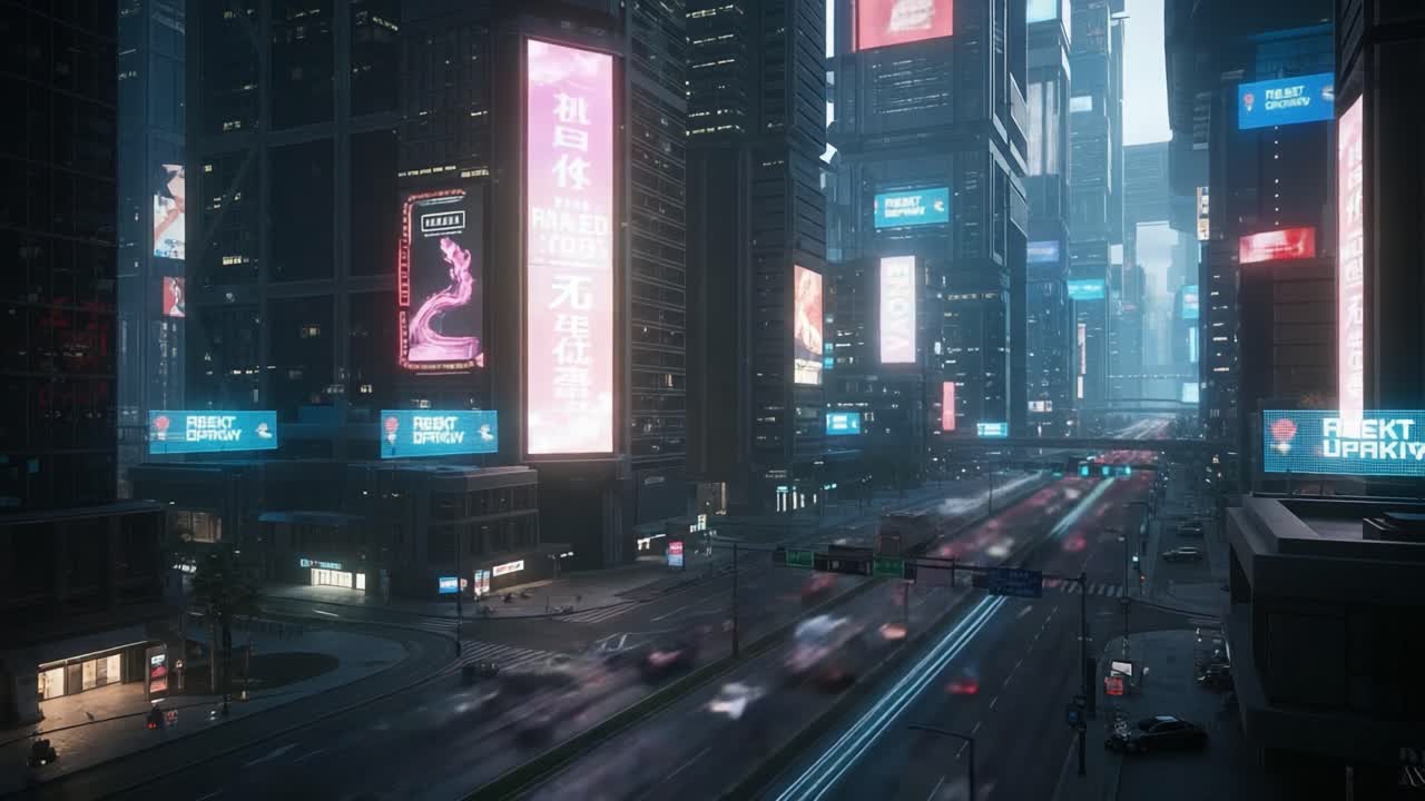 A Vibrant Cityscape at Dusk with Neon Lights Beckoning Through the Haze, Showcasing the Pulse of Urban Life in an Electrifying Atmosphere of Motion and Energy