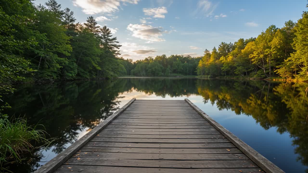 Serene Reflection: A Tranquil Lake Scene with a Wooden Dock Surrounded by Lush Greenery and Bright Skies Captured in Two Framed Moments
